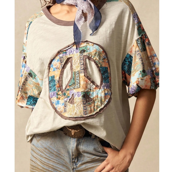 Boho Floral Print Peace Patchwork Color Block Puff Sleeve Top - Picture 1 of 5